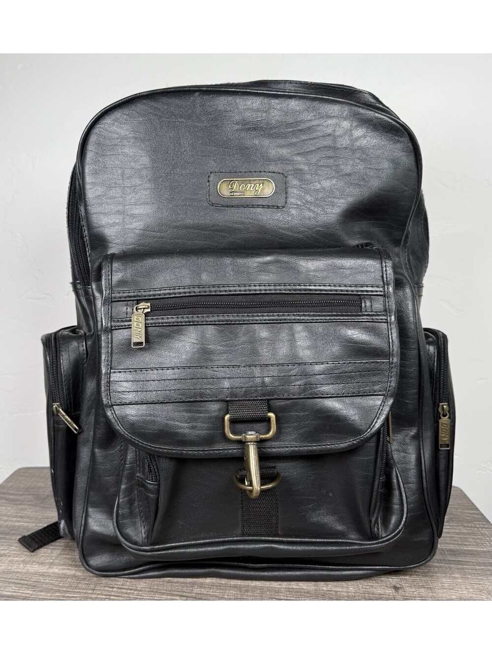 Vtg Dony New York Black Leather Backpack Multi Pocket Large Travel Bag Brass
